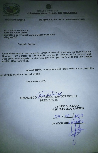 Copia do documento envido ao Antônio Alves Vieira (Secretario De Infra Estrutura E Desenvolvimento Do Município)