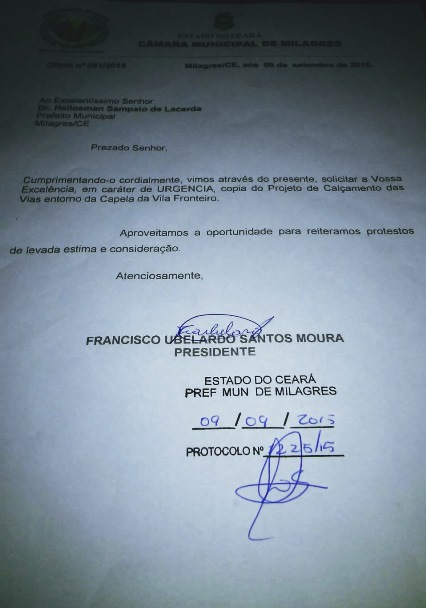 Cópia do documento sem detalhes ao Prefeito Municipal Hellosman Sampaio de Lacerda