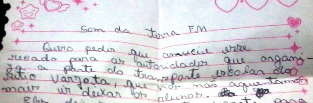 Trecho da carta enviada a Som da Terra FM (Foto: Reprodução)