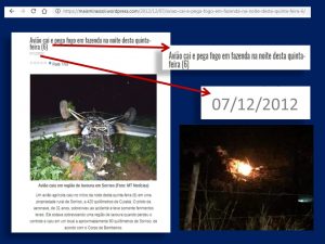 Uma das fotos divulgadas se refere a queda de um avião, outra mostra alguma coisa queimando ao solo | Imagens reprodução redes sociais